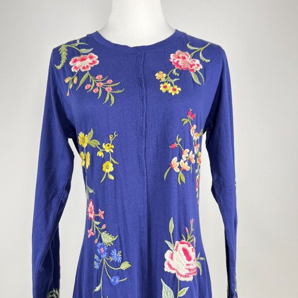 NWOT JOHNNY WAS Floral Embroidered Cotton Long Sleeves Midi Dress Size S Blue - Picture 3 of 13